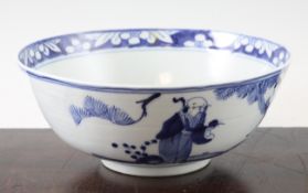 A Chinese blue and white bowl, 19th century, painted with Shou Lao and other immortals in a