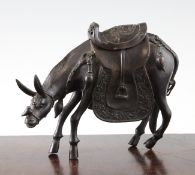 A Chinese bronze censer in the form of a mule, 18th / 19th century, the crouching mule with a cover