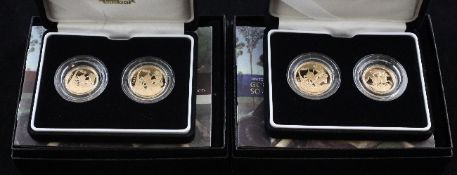 Two Royal Mint 2007 gold proof full and half sovereign coin sets, with boxes and certificates.