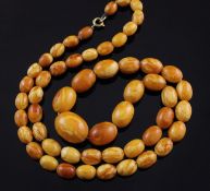 A single strand graduated marbled amber bead necklace, with gilt metal clasp and seven loose beads,