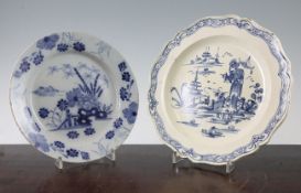 An English creamware dish and an English delft plate, late 18th century, the silver shape creamware