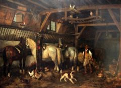 Louis Van Buyck (19th C.)oil on canvas,Stable interior with grooms, chickens and a dog,signed,31.5