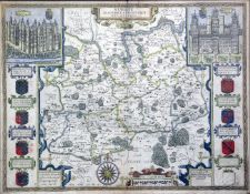 John Speed (1542-1629)coloured engraving,Map of Surrey, described and divided in Hundred`s,16 x 20.