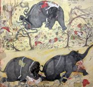Indian Schoolink, gouache and watercolour,Rampaging elephants,inscribed,19.75 x 22in.