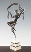 An Art Deco silvered bronze statuette in profile, The Scarf Dancer, signed in the bronze Janle, 17.