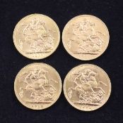 Four early 20th century gold full sovereigns, 1907,1911,1919 & 1920.