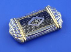 A late 19th century Swiss gold and two colour enamel snuff box, of shaped rectangular form, with