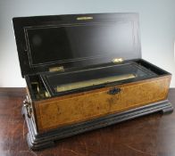 A 19th century Paillard Vaucher Fils Swiss cylinder music box, with a rosewood, crossbanded burr