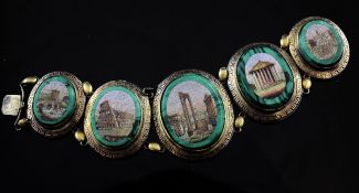 An early 19th century Florentine gilt metal and graduated micro mosaic on malachite bracelet, set
