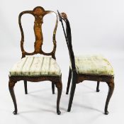 Three 19th century Dutch marquetry dining chairs, with shaped central splats and serpentine seats,