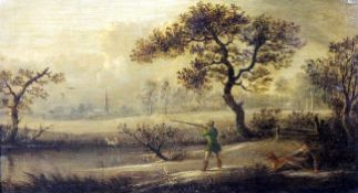 Manner of Samuel Howitt (1756-1822)oil on wooden panel,Snipe shooting,10 x 17.5in.