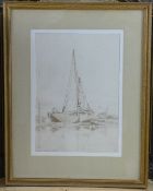 Cornelius Varley (1781-1873)monochrome watercolour,Thames craft,signed, Agnews label verso,12 x 8.