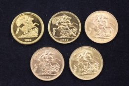 Five 20th century gold full sovereigns, 1936,1937,1963,1966 & 1976.