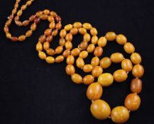 A single strand graduated amber bead necklace, gross 123 grams, 51in.