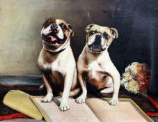 Harding Cox (19th C.)oil on canvas,Bulldogs with sheet music,signed and dated 1890,18 x 24in.