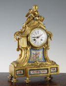 A 19th century French ormolu and Sevres style mantel clock, the enamelled Roman dial signed Lenoir