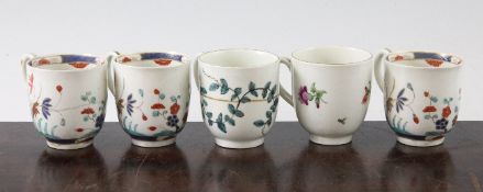 Five Worcester cups, c.1770-80, three painted in Kakiemon style with flowers and foliage, one with