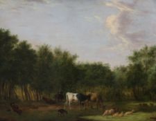 Heinrich Wilhelm Schweickhardy (1746-1797)oil on wooden panel,Cattle and sheep in a woodland