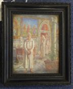 English School c.1900watercolour on ivory,Monastery interior with monks,4.25 x 3.5in.
