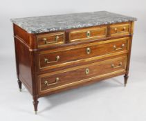 A late 19th century French marble top commode, fitted three long drawers, with brass inset borders