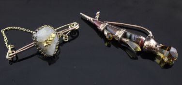 A late Victorian Scottish gold mounted, gem set and hardstone dirk brooch, 2.25in, together with a