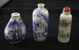 Three Chinese porcelain snuff bottles, 1800-1920, two in blue and white, the first of pear shape