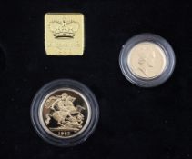 A cased Royal Mint 1992 Gold Proof Sovereign Two (ex three) Coin Set, half sovereign and double