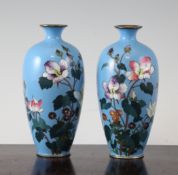 A pair of Japanese cloisonne and ginbari enamel small vases, early 20th century, decorated with