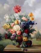 English Schooloil on canvas,Still life of flowers in a vase upon a ledge with parkland beyond,38.5