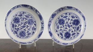 A pair of Chinese blue and white `lotus` saucer dishes, Guangxu mark and of the period (1875-1908)