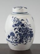 A Worcester `Fence` pattern barrel shaped tea canister, printed in underglaze blue, shaded crescent