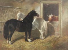 Henry Woollett (19th C.)oil on canvas,Stable interior with horses and cow,signed,12 x 15.5in.