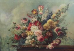 Italian School c.1900oil on canvas,Still life of flowers on a ledge with clouds beyond,27 x 38in.