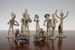 A collection of nine African bronze figures, probably West African, depicting musicians and two