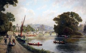 John Mulcaster Carrick (1833-1896)oil on board,View of Kew Bridge with children on the bank,signed