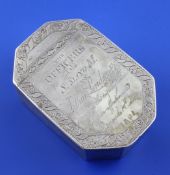 A George III Irish silver octagonal snuff box with inscription relating to The Officers of the