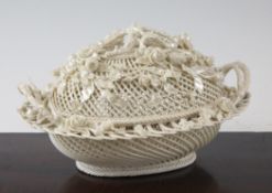 A fine Belleek oval covered basket, First Period, c.1863-1892, modelled around a three strand base,