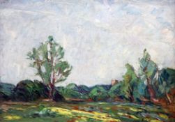 English Schooloil on wooden panel,Trees in a landscape,indistinctly signed,9.5 x 13.5in.
