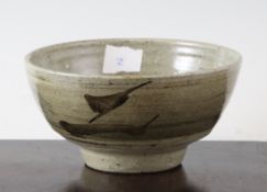 A St Ives stoneware `Z` bowl, decorated in black and blue over a beige round impressed SI seal