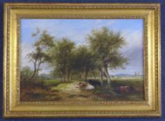 Attributed to James Starkoil on wooden panel,Cattle and trees in a landscape,indistinctly signed,12