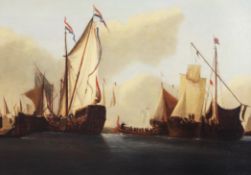 18th century Dutch Schooloil on canvas,Shipping in harbour,12.5 x 17.5in.