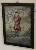 A late 17th / 18th century needlework panel, depicting a gentleman carrying a pail, with vase of