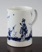 A Worcester `Walk in the Garden` pattern cylindrical mug, c.1768, painted in underglaze blue, open