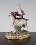 A Meissen group of a boy and a goat, 19th century, the boy wearing a purple coat and green