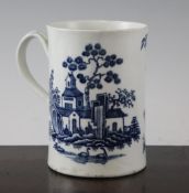 A Worcester `Plantation` pattern mug, c.1770, printed in underglaze blue with a ribbed loop handle,