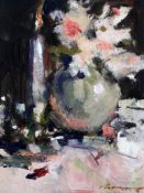 Ken Moroney (1949-)oil on board,Still life of flowers in a vase on a table top,signed,4.75 x 3.