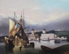 Manner of James Webboil on canvas,Shipping off Greenwich,7.5 x 9.5in.