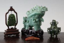 Four Chinese hardstone carvings, the first a small spinach green jade censer and cover, 7.5cm., a