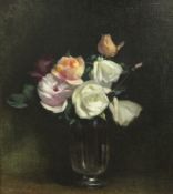 William Thomas Wood (1877-1958)oil on canvas,Roses in a glass vase,signed,17.5 x 15.5in.