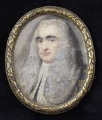 Early 18th century English Schoolwatercolour on ivory,Miniature of a gentleman wearing a long wig,3